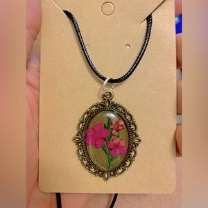 Pink Flowers Oval Resin Necklace